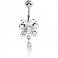 RHODIUM PLATED BRASS JEWELLED BUTTERFLY NAVEL BANANA WITH DANGLING CHARM - DOUBLE JEWEL