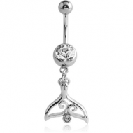 SURGICAL STEEL JEWELLED NAVEL BANANA WITH DANGLING CHARM - TAIL FIN